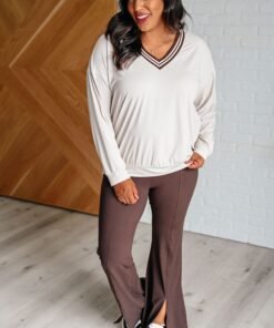 All Out Comfort V-Neck Pullover in Mocha Cream Ave Shops