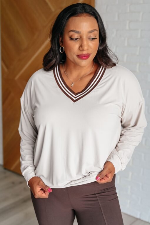 All Out Comfort V-Neck Pullover in Mocha Cream Ave Shops