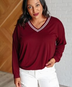 All Out Comfort V-Neck Pullover in Red Merlot Ave Shops