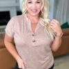 Almost There V-Neck Henley Top In Taupe - Fashion Are Us